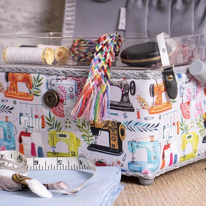 Hobby Gift Medium Sewing Box Organiser, Fabric Covered Storage Box with Handle, Internal Tray, Pin Cushion and Pocket for Sewing, Quilting and Knitting Supplies - Image 11