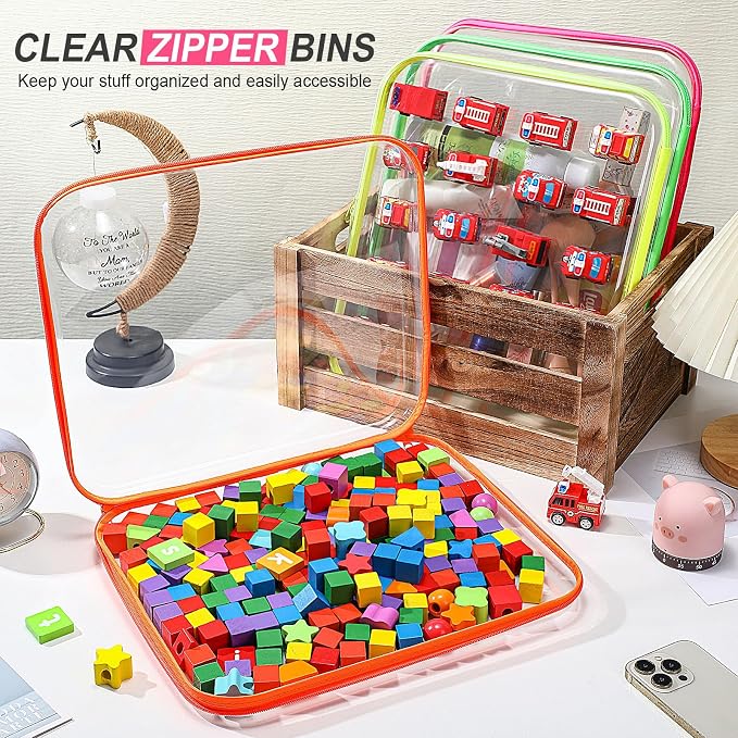 4 Pcs Hard Clear Zipper Case Makeup Bags Plastic Zipper Pouch Transparent Storage Box Containers for Cosmetics, Snacks, Building Blocks, Puzzles(Clear,13.8 x 11.8 x 2 in,Fluorescent) - Image 5