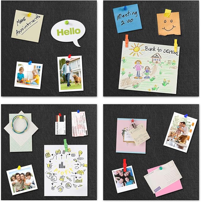 AKTOP Cork Board Bulletin Board 12x12, 1/2" Thick Felt Cork Board Tiles 6 Pack, Small Square Pin Board for Wall, Self Adhesive Corkboards with 60 Push Pin Wood Clips for School, Home & Office, Black - Image 4