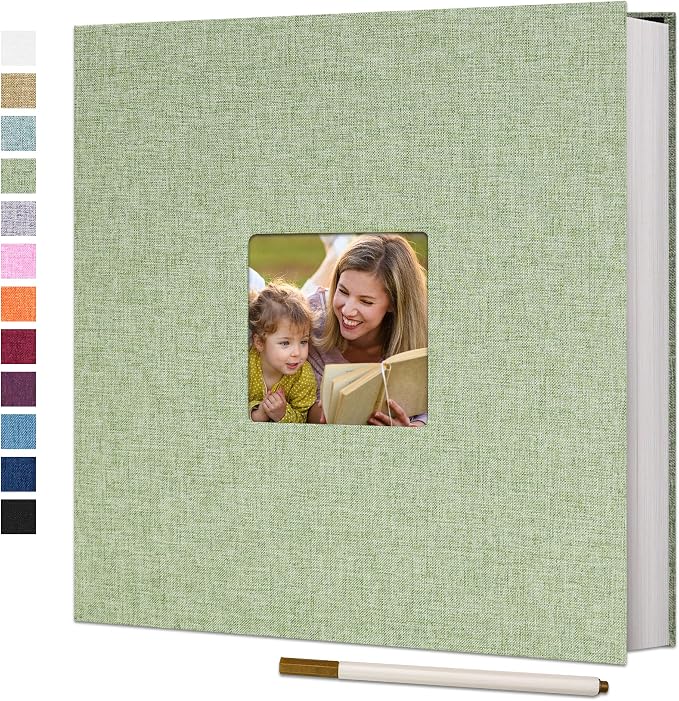 Vienrose Self Adhesive Photo Album with Window 11x10.6 60 Pages Grassgreen | Linen Cover, Scrapbook, Fits 4X6 8X10 Pictures, Metallic Pen Included, Diy by Vienrose