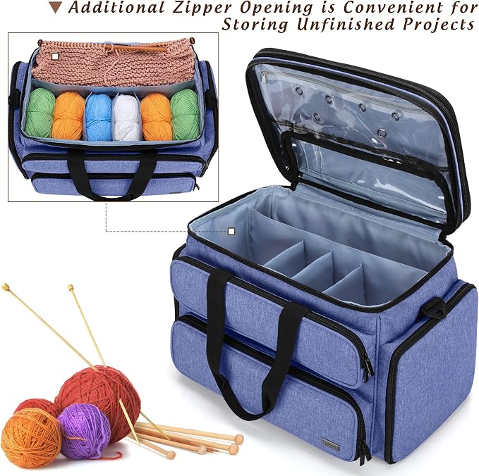 Yarwo Large Crochet Bag Knitting Tote, Yarn Storage Bag with Shoulder Strap | Organizer for Knitting Needles & Crochet Hook(Up to 14”), Clear Top Lid, Unfinished Project Compartment, 4 Yarn Holes, Blue - Image 2