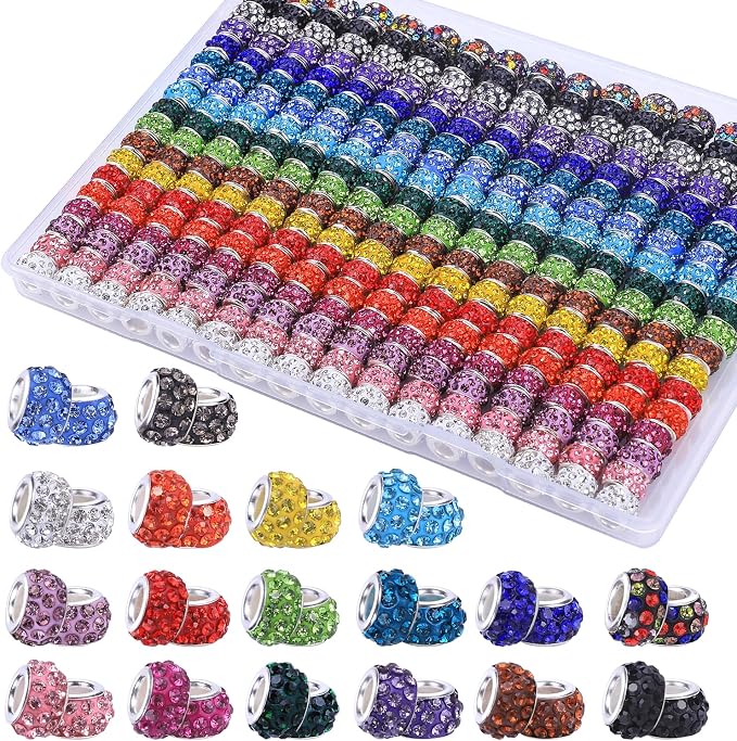 Aipridy European Large Hole Beads, Colorful Glass Charm Beads Set, Assorted Patterns and Designs Rhinestone Craft Beads for DIY Bracelet Jewelry Making (216, Mixed Pack by Color) by AIPRIDY