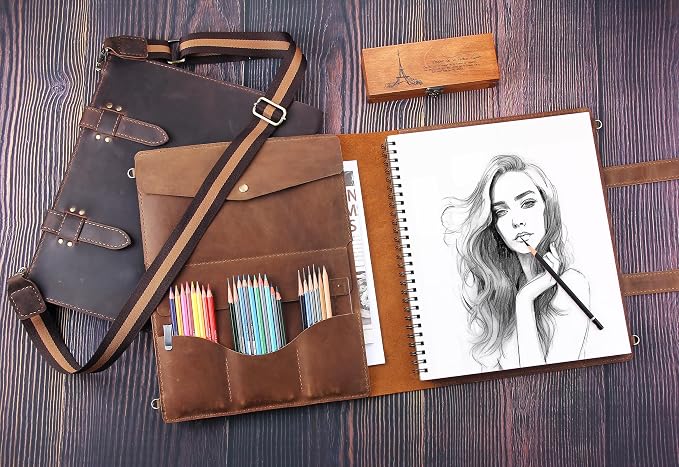 Robrasim Handmade Leather Sketchbook Cover, Artist Sketch Pad Holder for 11"X14" Sketchbook, Drawing Book and Pencil Case, Journal Notebook Portfolio with Shoulder Strap, Artist Gifts, Brown - Image 7