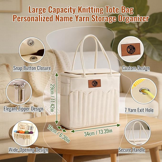 Phexilo Personalized Knitting Bag with Name Leather Patch, Canvas Yarn Bag | Canvas Crochet Organizer with Multiple Pockets and Yarn Holes, Knitting Bag for Crochet Lovers, Mom, Grandma, Birthday Gifts - Image 4