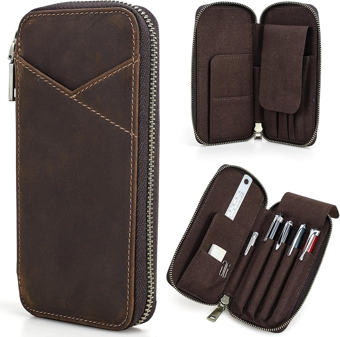 Top Grain Genuine Leather 4 Fountain Pen/Pencil Case Pouch, Handmade Minimalist Design, Zipper Closure with Multi-Function & Slots, Gift Choice for Man/Woman/Office, Matte Coffee, 4 Slots by CataPurusLeatherCrafts