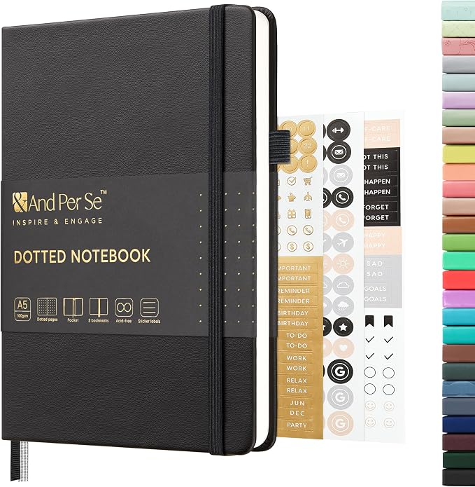 &And Per Se Dotted Journal Notebook, A5 Hardcover Leather Dotted Journal, 160 Pages 100gsm Thick Dot Grid Paper, 3 Sheets of Stickers Included - 5.7'' x 8'' (Black) by AndPerSe