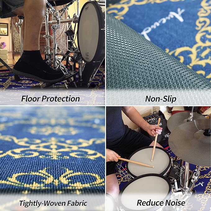 Aucuda Blue Drum Rug 4x6ft Drum Mat Outdoor, Tightly Woven Fabric Cool Drum Set Carpet with Non-Slip Grip Bottom, Electric Drum Accessories for Studio, Apartment, Soundproof, Guitar, No Crease.