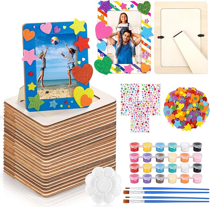 Aneco 24 Pack Wooden Picture Frames for Crafts DIY Unfinished Painting Craft Kit with Acrylic Paint Foam Rhinestone Stickers Brushes Paintings Tools Set for Kids Painting, DIY Art Projects by Aneco