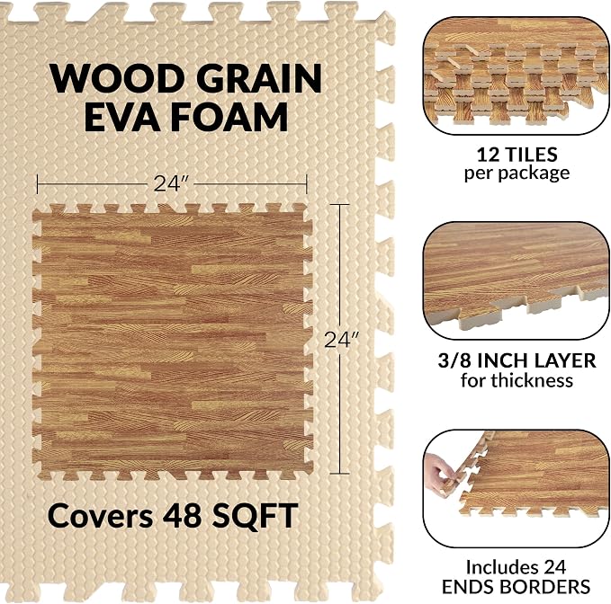 EVA Foam Floor Tiles 12-Pack - 48 SQFT Woodgrain Puzzle Mats for Floor - Interlocking Foam Tiles for Family Room or Gym Flooring by Stalwart (Light) - Image 2