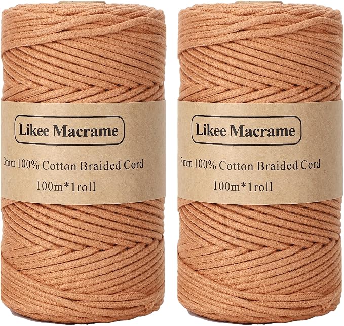 Likeecords 2 Skeins Braided Macrame Cotton Cord 3mm x 100m, Colorful Craft Cord for Bag, Wall Hanging, Plant Hangers, Crafts, Knitting (Camel) by Likeecords