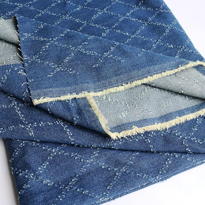 12oz Sky Blue Washed Denim Fabric, Non-Stretch Denim Material, Jacquard Geometric Check Prism Pattern, 420gsm 100% Cotton, 70 Inches Wide, Sewing Fabric for Jeans Jackets Cr (2 Yard pre Cut) by Amitofo