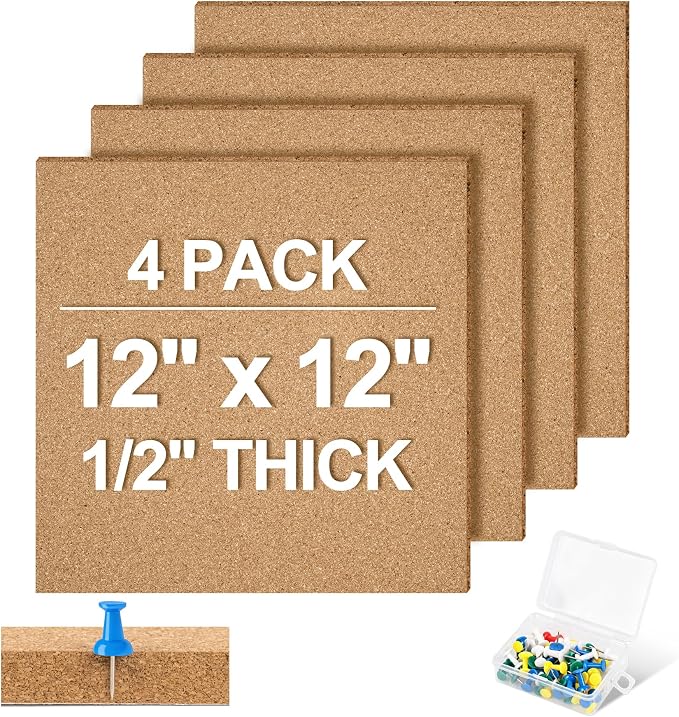 12"x12" Cork Board Tiles, 4 Pack Adhesive Square Bulletin Boards for Walls | 1/2" Thick High Density Frameless Cork Tiles, Small Cork Sheet with 50 Push Pins, Corkboard for Wall Decor Office Home School by phepetroll