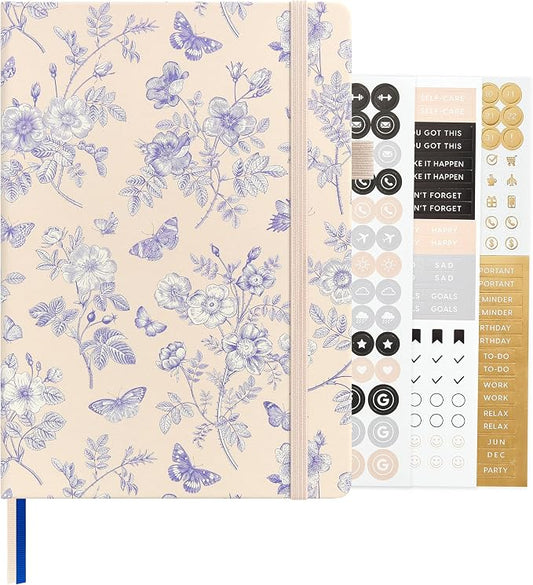 &And Per Se Dotted Journal Notebook, A5 Hardcover Aesthetic Dotted Notebook – 160 Pages 100gsm Thick Dot Grid Paper, 3 Sticker Sheets – Gift-Ready Journaling Kit for Women (Blue Flowers) by AndPerSe