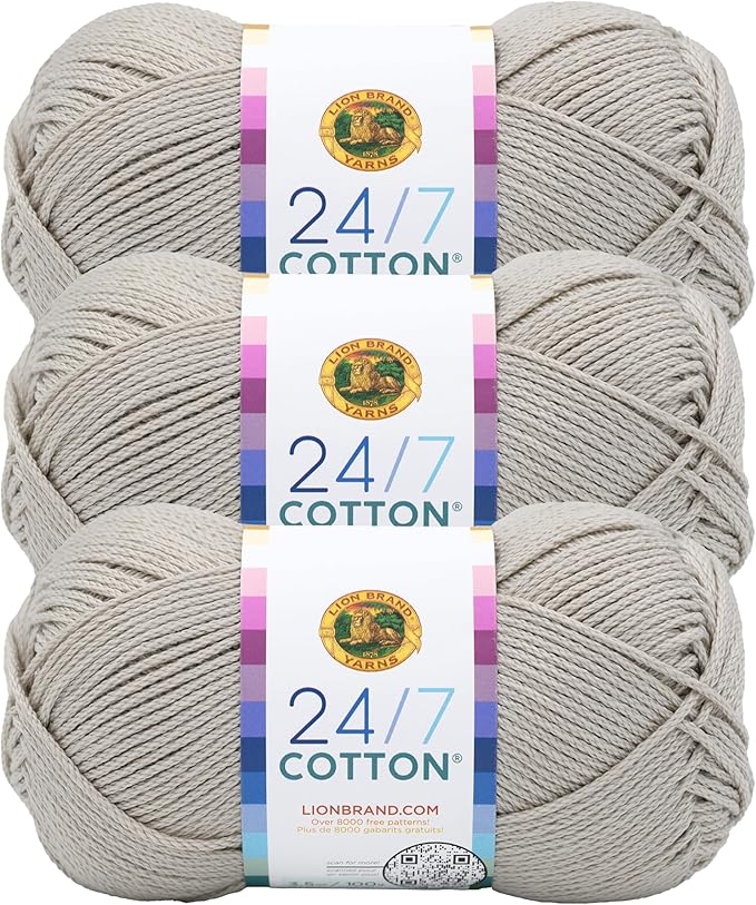 Lion Brand Yarn, 24/7 Cotton Yarn, Linen, Greige, 3 Pack | Light Worsted 100% Mercerized Cotton Yarn for Crochet, Knitting, Craft, 185 Yards of Natural Fiber for Tees, Bags, Dishcloths by LionBrandYarn