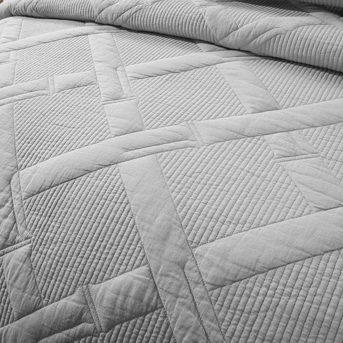 Tache Solid Light Grey Silver Soothing Pastel Soft Cotton Geometric Diamond Stitch Pattern Lightweight Quilted Bedspread 3 Piece Set, Queen - Image 2