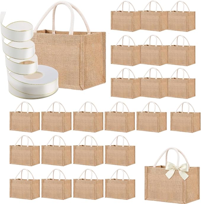 24 Pcs Burlap Tote Bag Mini Jute Reusable Waterproof Bag with Handles Small Blank Canvas for Wedding Welcome,Beach,Bridesmaid,Reusable Bulk Jute Bags with Cream Ribbons DIY Gifts(9.06 x 6.3 x 5.12'') by MOSIOBERDAVIAN