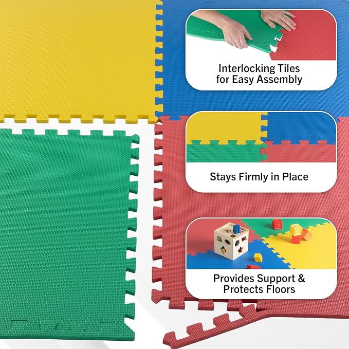 EVA Foam Mat Tiles 12-Pack - 48 SQ FT Interlocking Padding for Playroom or Gym Flooring - Exercise Mat or Playmat by Stalwart (Multicolor) - Image 4