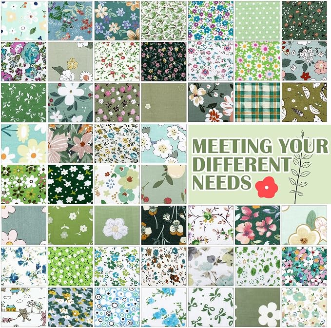 Kinlop 600 Pcs 5 x 5 Inch Floral Charm Packs for Quilting Green Flower Cotton Fabric Square Bulk Precut Fabric Squares Strips Printed Green Floral Patchwork for DIY Craft Sewing Accessory - Image 7