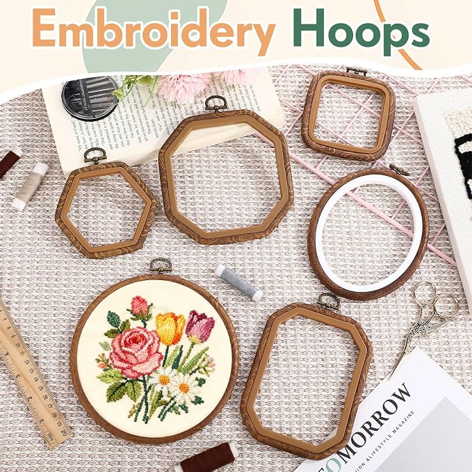Qunclay 18 Pcs Large Embroidery Hoop Frame Decorative Imitated Wood Display Frame Circle Oval Octagonal Cross Stitch Hoop Ring for DIY Sewing Craft and Hanging Ornaments Decor (Comprehensive) - Image 7