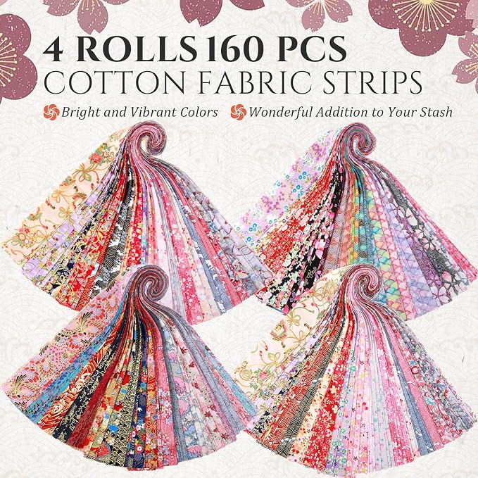 SmoothNovelty 160 Pcs 4 Rolls Fabric Strips, 2.44" x 39.3" Precut Quilting Roll, Cotton Strips Bundle for Quilting, Sewing, Crafting, Patchwork, Blanket, Rug, Upholstery(Japanese Style) - Image 3