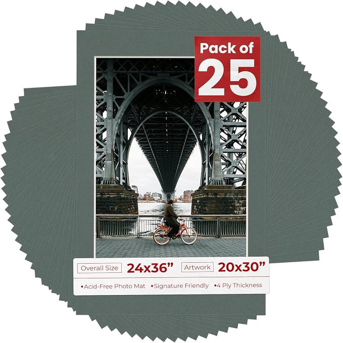 20x30 Mat for 24x36 Frame - Precut Mat Board Acid-Free Charcoal 20x30 Photo Matte For a 24x36 Picture Frame, Premium Matboard for Family Photos, Show Kits, Art, Picture Framing, Pack of 25 Mats by PosterPalooza