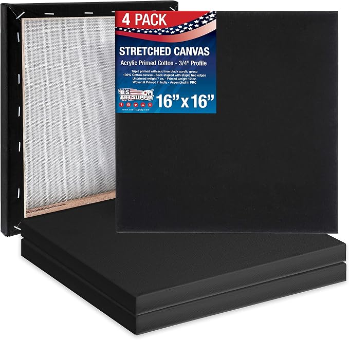 U.S. Art Supply 16x16 inch Black Canvases for Painting, 4 Pack Bulk Stretched Artist Canvas Professional Primed - Ideal for Arts & Crafts, Heavy-Weight Gesso - Acrylic Pouring, Oil Paint by USArtSupply