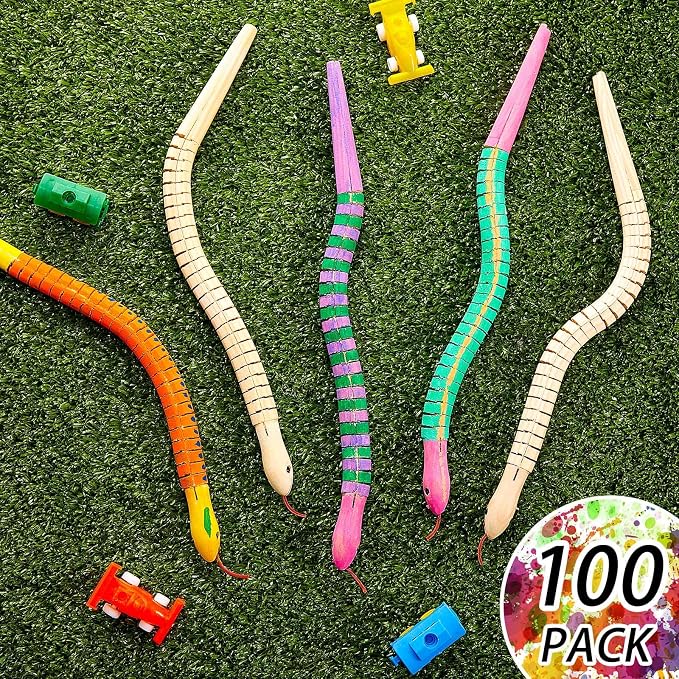 BBTO 100 Pieces Wooden Snake Bulk Jointed Flexible Unfinished Wooden Wiggly Snake with 12 Colors Acrylic Craft Paint and Paint Brush for Arts and Crafts Reptile Party Decoration - Image 5