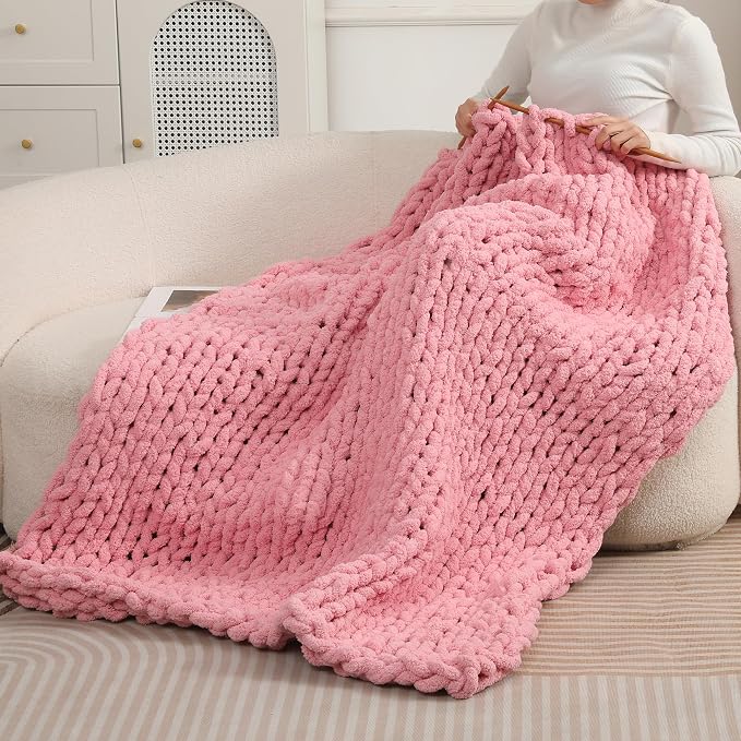 Chunky Chenille Yarn for Hand Knitting 8 Jumbo Pack Chunky Yarn for Hand Soft Blanket Knitting, Bulky Thick Fluffy Yarn for Crocheting (Leather Pink) - Image 4