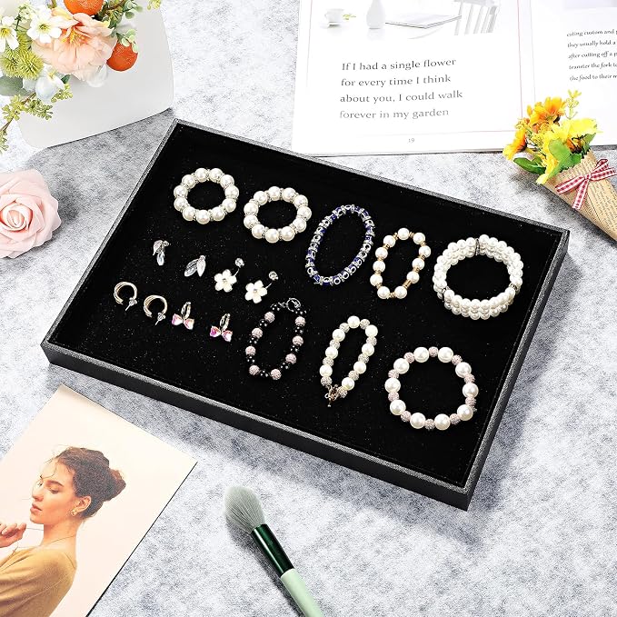 Quelay 6 Pcs Velvet Stackable Jewelry Tray Showcase Display, Jewelry Organizer Tray Bracelet Ring Earring Necklace Organizer Empty Plate for Drawers Countertop (Black) - Image 6