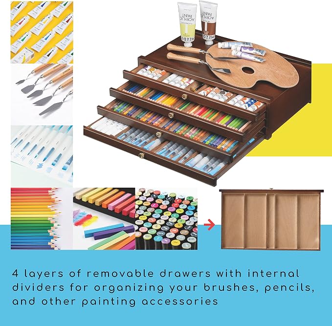 MEEDEN 4-Drawer Art Supply Storage Box - Large Capacity Multi-Function Beech-Wood Pencil Box with Drawer & Compartments for Organizing Pastels, Pencils, Pens, Markers, Brushes & Stamp, Walnut - Image 4