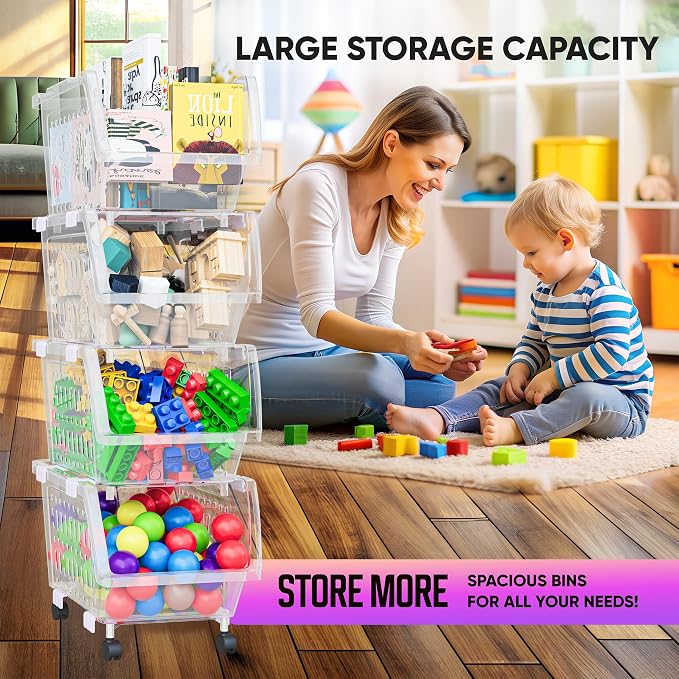 Small Stackable Storage Bins Open Front with Wheels, 4 Pack - Clear | Easy Assembly, Sturdy Plastic, Open Front Access, Smooth Rolling Wheels, Stackable, Large Capacity Storage - Image 6