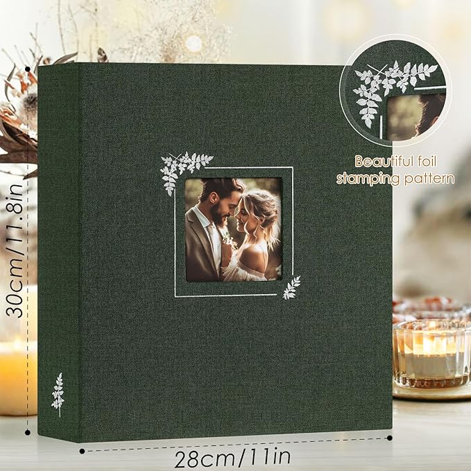 Lanpn Scrapbook Photo Album 8.5x11, Linen Window Design Cover Top Load 3 Ring Folder Binder Photobook Photo Book 8.5 x 11 inch with 30 Plastic Sleeves 60 Pages Green - Image 2