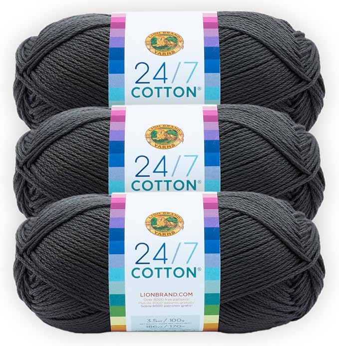 Lion Brand Yarn, 24/7 Cotton Yarn, Charcoal, Gray, 3 Pack | Light Worsted 100% Mercerized Cotton Yarn for Crochet, Knitting, Craft, 185 Yards of Natural Fiber for Tees, Bags, Dishcloths by LionBrandYarn