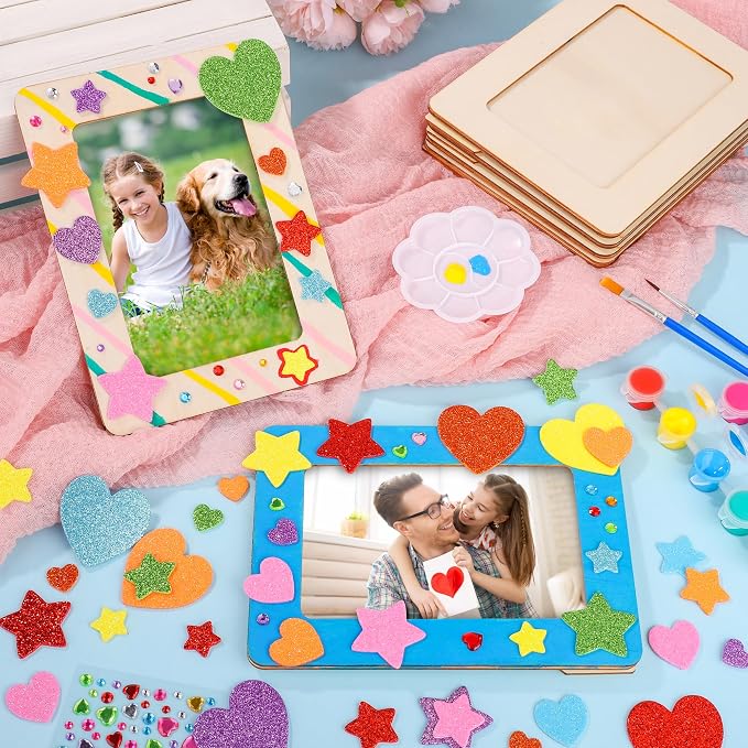 Aneco 24 Pack Wooden Picture Frames for Crafts DIY Unfinished Painting Craft Kit with Acrylic Paint Foam Rhinestone Stickers Brushes Paintings Tools Set for Kids Painting, DIY Art Projects - Image 4