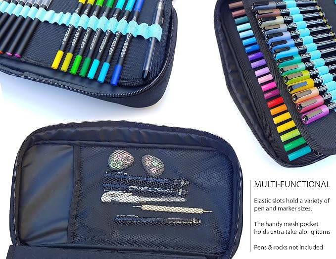 TOOLI-ART Marker & Pen Carrying Case -120 Slots, Canvas, Extra Pockets, Trolley Sleeve, Removable Shoulder Strap, For Most Markers (up to 15mm Diameter), Lipstick, Etc. Black - Image 6