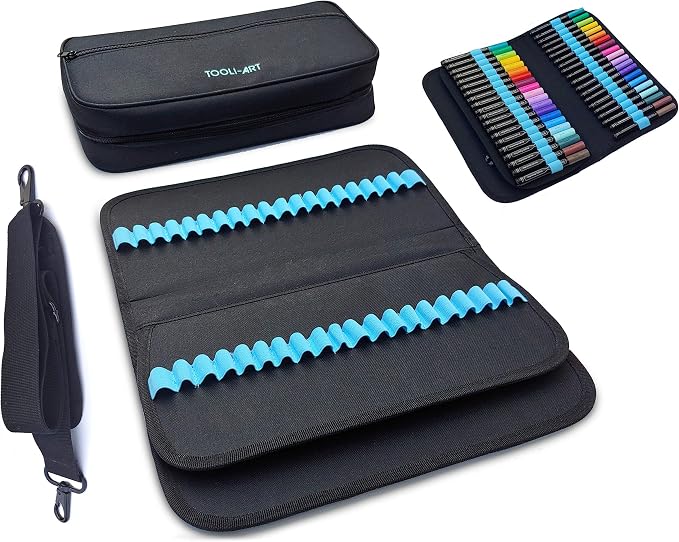 TOOLI-ART Marker & Pen Carrying Case -120 Slots, Canvas, Extra Pockets, Trolley Sleeve, Removable Shoulder Strap, For Most Markers (up to 15mm Diameter), Lipstick, Etc. Black by TOOLI-ART