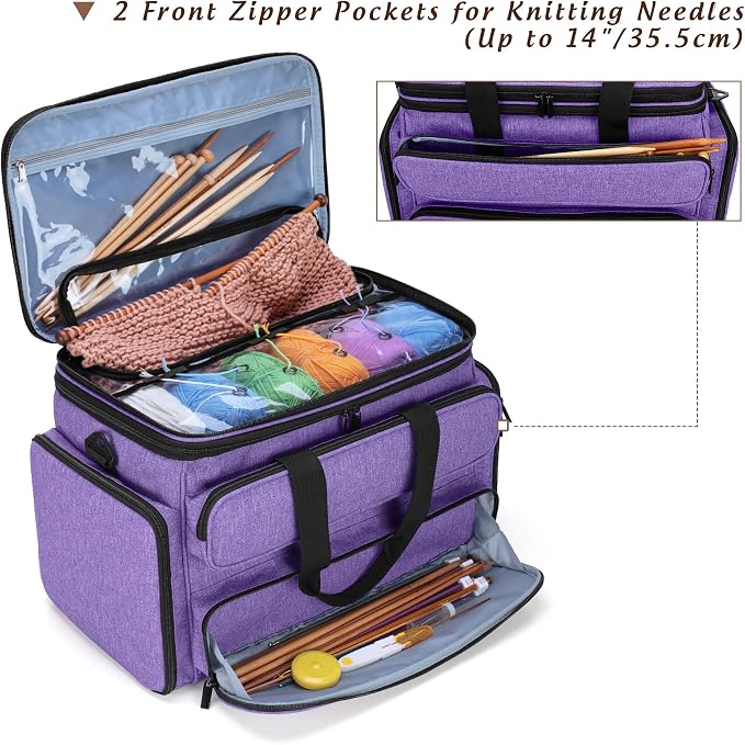 Yarwo Large Crochet Bag Knitting Tote, Yarn Storage Bag with Shoulder Strap | Organizer for Knitting Needles & Crochet Hook(Up to 14”), Clear Top Lid, Unfinished Project Compartment, 4 Yarn Holes, Purple - Image 3