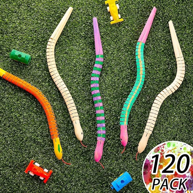 BBTO 120 Pieces Wooden Snake Unfinished Wooden Wiggly Snake Jointed Flexible Wooden Snake with 12 Colors Acrylic Craft Paint and Paint Brush for Arts and Crafts Halloween Party Decoration - Image 4