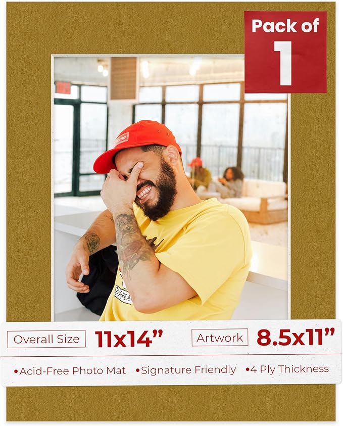 8.5x11 Mat for 11x14 Frame - Precut Mat Board Acid-Free Show Kit with Backing Board, and Clear Bags Metallic Gold 8.5x11 Photo Matte For a 11x14 Picture Frame Matboard for Framing, Pack of 1 Mat by PosterPalooza