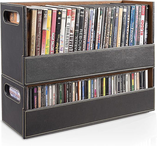 Faux Leather DVD & CD Storage Box - Movie Shelf Organizer for Blu-Ray, Video Game Cases, VHS Tape Display Stand, Disc Holder Can Store Up to 28 DVDs & 40 CDs
