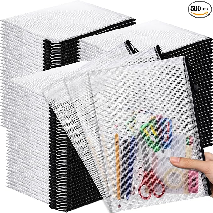 Zhehao 500 Pcs A4 Mesh Zipper Pouch Bags Bulk 13.2 x 9.5 Inches,Black | Large Clear Pencil File Storage Bags Waterproof Mesh Zipper Organizer for School Office Travel Organization Puzzle Supplies by Zhehao