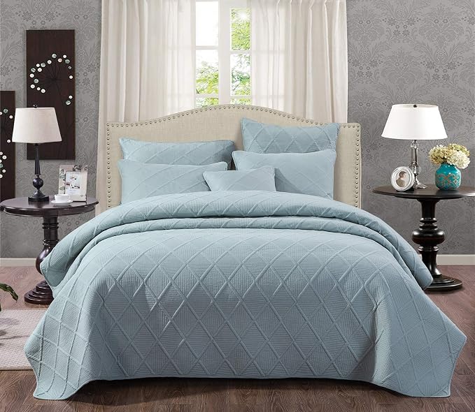 Tache Solid Seafoam Blue Green Soothing Pastel Soft Cotton Geometric Diamond Stitch Pattern Lightweight Quilted Bedspread 3 Piece Set, Queen - Image 8