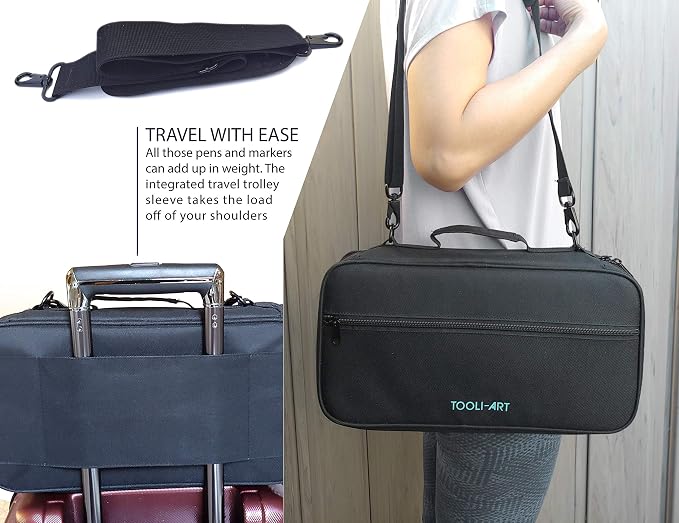 TOOLI-ART Marker & Pen Carrying Case -120 Slots, Canvas, Extra Pockets, Trolley Sleeve, Removable Shoulder Strap, For Most Markers (up to 15mm Diameter), Lipstick, Etc. Black - Image 5