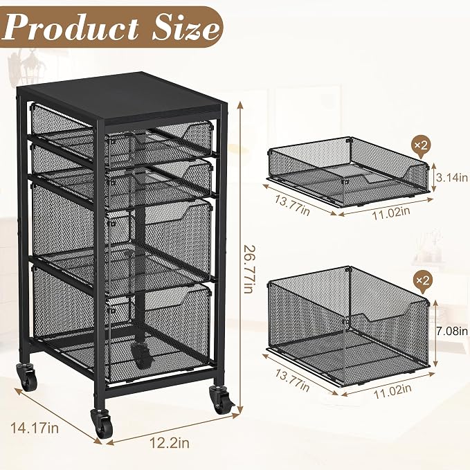 Rolling Storage Cart with Drawers, Under Desk Storage with Wooden Tabletop & Lockable Wheels, 4-Tier Storage Drawers for Bathroom, Craft, Office, Black - Image 2