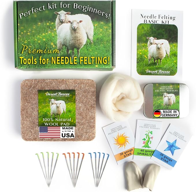 Needle Felting Kit, Basic Tools with 15 Groz-Beckert Needles, Pad & Case | 15 Groz-Beckert needles in 3 gauges, wool pad, leather finger guards and storage case. The tool set without the wool. by DesertBreezeDistributing