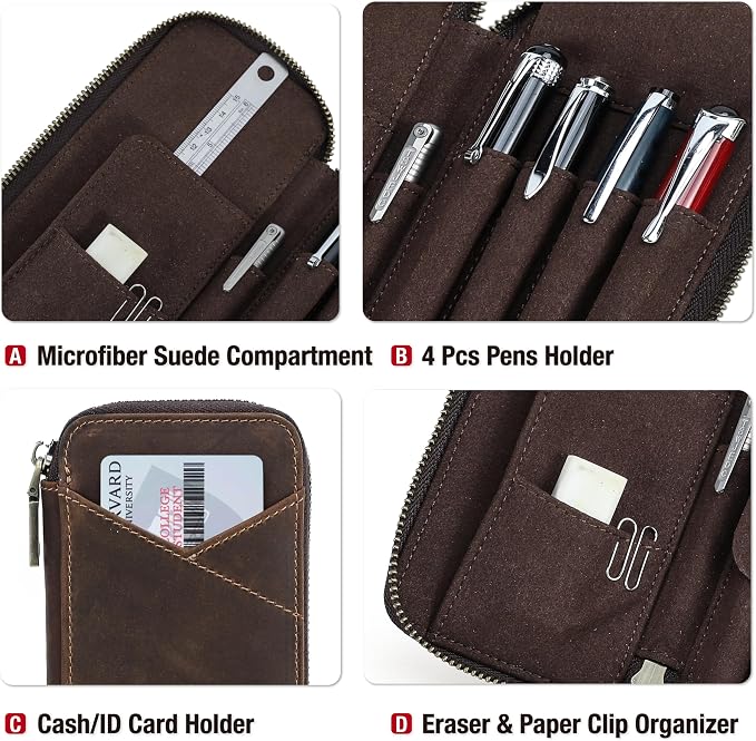 Top Grain Genuine Leather 4 Fountain Pen/Pencil Case Pouch, Handmade Minimalist Design, Zipper Closure with Multi-Function & Slots, Gift Choice for Man/Woman/Office, Matte Coffee, 4 Slots - Image 6