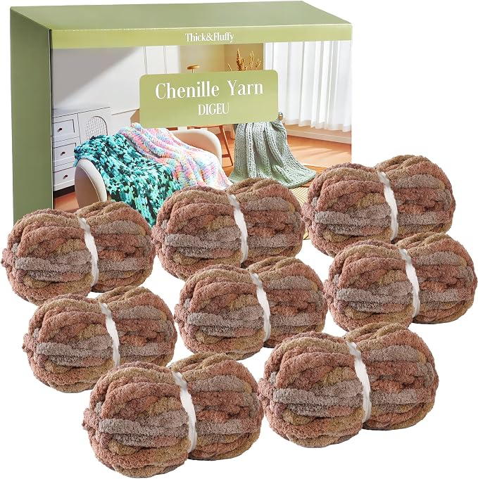 Chunky Chenille Yarn for Hand Knitting 8 Jumbo Pack Chunky Yarn for Hand Soft Blanket Knitting, Bulky Thick Fluffy Yarn for Crocheting (Pudding) by DIGEU