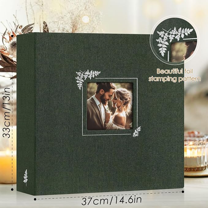 Lanpn Scrapbook Photo Album 12x12, Linen Window Design Cover Top Load 3 Ring Folder Binder Photobook Photo Book 12 x 12 inch with 30 Plastic Sleeves 60 Pages Green - Image 2