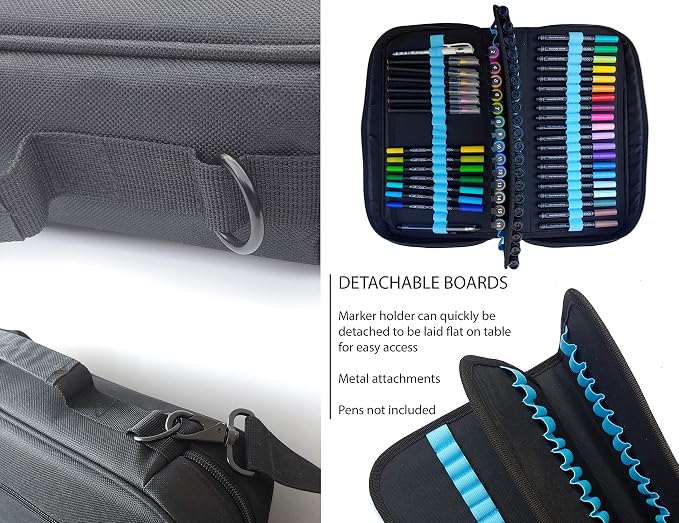 TOOLI-ART Marker & Pen Carrying Case -120 Slots, Canvas, Extra Pockets, Trolley Sleeve, Removable Shoulder Strap, For Most Markers (up to 15mm Diameter), Lipstick, Etc. Black - Image 4