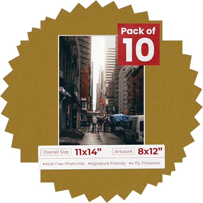 8x12 Mat for 11x14 Frame - Precut Mat Board Acid-Free Show Kit with Backing Board, and Clear Bags Metallic Gold 8x12 Photo Matte Made to Fit a 11x14 Picture Frame Matboard for Framing, Pack of 10 Mats by PosterPalooza